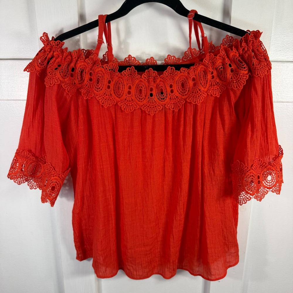 A. Byer Red Cold Shoulder Crochet Lace Trim Blouse Top Large